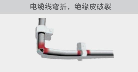 在安裝過程中，由于電線的彎曲半徑過小，或是線夾過緊，導(dǎo)致線纜絕緣皮破裂，產(chǎn)生電弧隱患